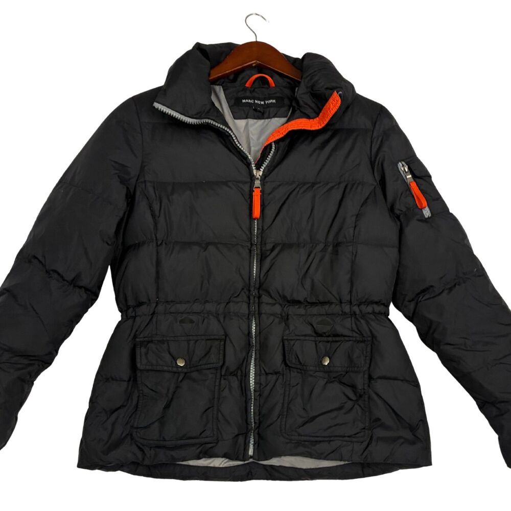 Marc New York Womens S Black Down Puffer Jacket Orange Trim Hooded Winter Coat
